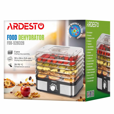 ARDESTO Сушарка для продуктів 550Вт, піддонів - 5x3см, макс - 70°С, пластик, чорний+нерж