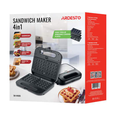 Сендвічмейкер Ardesto 700Вт, алюміній, 4 пластини, корпус-нержав.сталь/пластик, чорно-сріблястий