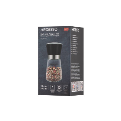 Млинок для солі та перцю ARDESTO Gemini, 180мл, скло, пластик, прозорий, чорний