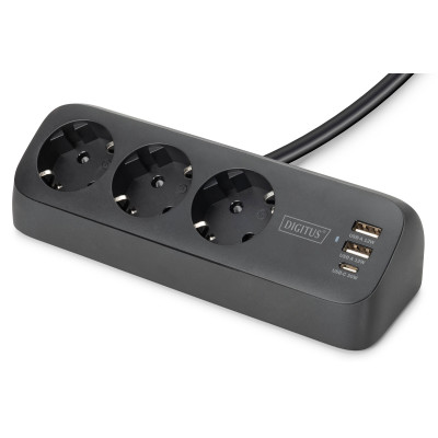 Блок розеток DIGITUS Office, 3xSchuko, 2xUSB-A, 1xUSB-C, 16A, 1.5м, вилка Schuko, чорний