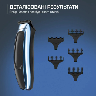 Тример Rowenta Barber Experience, для голови, бороди, мережа+акум., роторний мотор, насадок-5, нержавіюча сталь з покриттям DLC, чорно-синій Тример Rowenta Barber Experience, для голови, бороди, мережа+акум., роторний мотор, насадок-5, нержавіюча сталь з покриттям DLC, чорно-синій