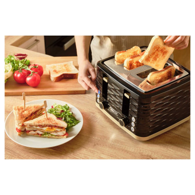 Тостер Sencor 1600Вт, підігрів, розморожування, 4 слоти, пластик, чорно-золотий