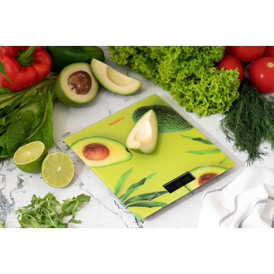 Ваги Ardesto кухонні Avocado, 5кг, AAAx2 в комплекті, скло, багатокольоровий (SCK-893AVOCADO) Ваги Ardesto кухонні Avocado, 5кг, AAAx2 в комплекті, скло, багатокольоровий (SCK-893AVOCADO)