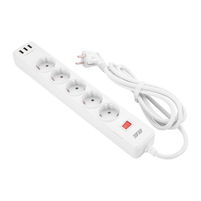 Удлинитель-фильтр сетевой 2E 5xТип F, 3x1.5мм кв, 16A, 3xUSB-A, с защитой от перенапряжения, 2м, белый 2E-SP515M2USBWH