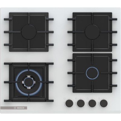 Варильна поверхня Bosch газова на склі, 60см, чавун, білий Варильна поверхня Bosch газова на склі, 60см, чавун, білий