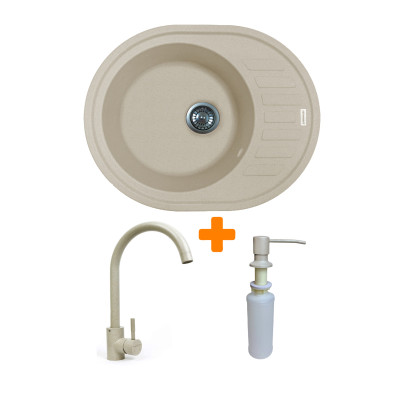 Набір кухонний Adamant Ovum, штучний камінь, овальна, з крилом, 615х495х200мм, чаша - 1, врізна, Avena + змішувач та дозатор