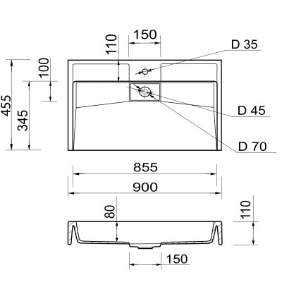 Раковина, умивальник Adamant VISION, штучний камінь, прямокут., з отвором для змішувача, без переливу, 900х455х110мм, накладний, білий