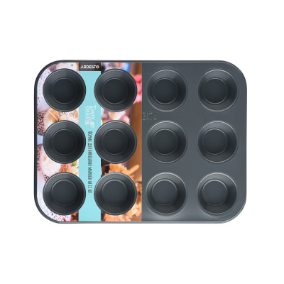 Форма для випікання мафінів Ardesto Tasty baking, 35х26.5х3см, 12шт, вуглецева сталь, сіро-блакитний
