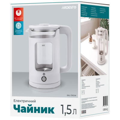 ARDESTO Електрочайник 1.5л, скло+пластик, білий