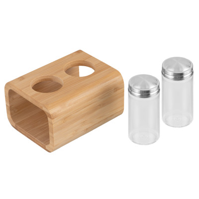 Набір для солі та перцю ARDESTO Midori, 3 предмети, 80мл, 13.5х11х11см, бамбук, нержавіюча сталь, скло, пластик