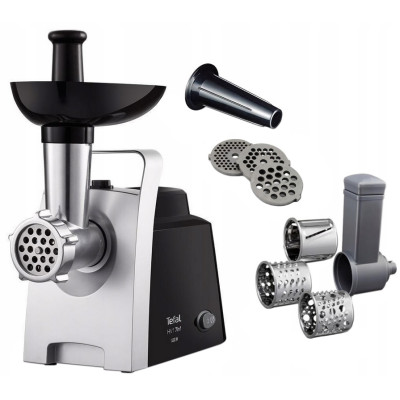 М'ясорубка Tefal HV1 7in1, 1400Вт, 1.7кг/хв, 3 решітки, насадка для ковбас, 3 терки, пластик, чорно-сріб.