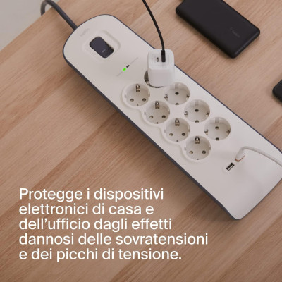 Подовжувач мережевий Belkin 2м, 8хТип, 16А, 2xUSB-A 2.4A, фільтр, білий