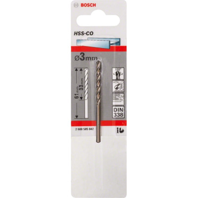 Bosch Свердло по металу HSS-Co, DIN 338, 3х33мм, 1шт