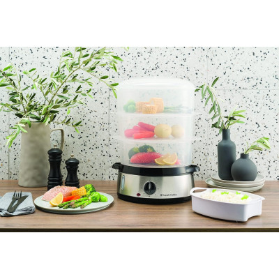 Пароварка Russell Hobbs Cook&Home 800Вт, чаша-3/3/3л, резервуар для води -1л, механічне керування, 3 яруси, метал/пластик, чорний Пароварка Russell Hobbs Cook&Home 800Вт, чаша-3/3/3л, резервуар для води -1л, механічне керування, 3 яруси, метал/пластик, чорний