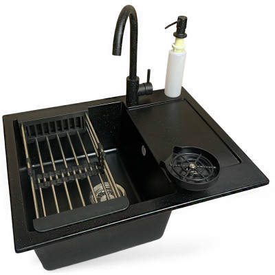 Набір кухонний Adamant Minimal, штучний камінь, прямокут., з крилом, 615х495х200мм, чаша - 1, врізна, чорний + змішувач + дозатор + ополіскувач склянок + коландер Набір кухонний Adamant Minimal, штучний камінь, прямокут., з крилом, 615х495х200мм, чаша - 1, врізна, чорний + змішувач + дозатор + ополіскувач склянок + коландер
