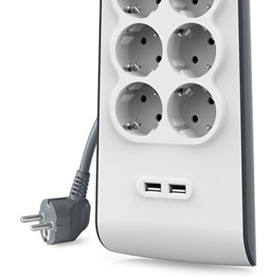 Подовжувач мережевий Belkin 2м, 6хТип, 16А, 2xUSB-A 2.4A, фільтр, білий