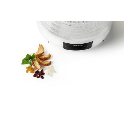 Сушарка для продуктів Gorenje 380Вт, піддонів - 5x2.8см, діаметр - 31см, макс - 70°С, алюміній, пластик, білий (FDK500GCW)
