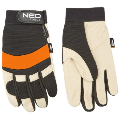 Рукавички робочі Neo Tools, свиняча шкіра, неопрен, фіксація зап'ястя, р.10, чорно-білий