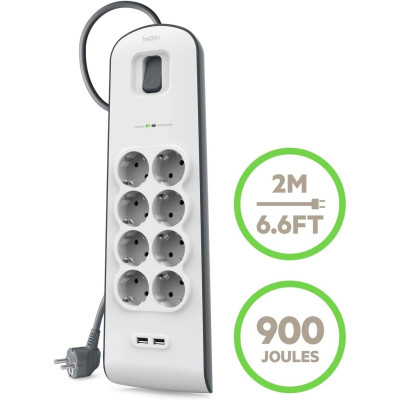 Подовжувач мережевий Belkin 2м, 8хТип, 16А, 2xUSB-A 2.4A, фільтр, білий