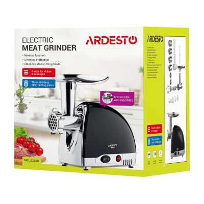 М'ясорубка ARDESTO, 1800Вт, 2кг/хв, 3 решітки, насадка для ковбас, кеббе, 4 терки, пластик, чорно-сріб.