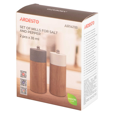 Набір млинків для солі та перцю ARDESTO Midori, 2 предмети, 35мл, бамбук, нержавіюча сталь, пластик, сірий, білий Набір млинків для солі та перцю ARDESTO Midori, 2 предмети, 35мл, бамбук, нержавіюча сталь, пластик, сірий, білий