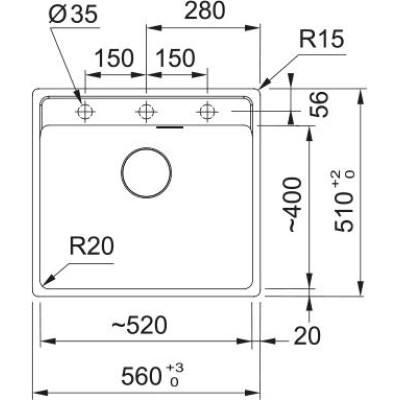 Мийка кухонна Franke Maris, фраграніт, прямокутник, без крила, 560х510х200мм, чаша - 1, врізна, MRG 610-52 TL, онікс