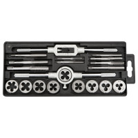 Плашки та мітчики TOPEX, M3-M12, крок різьблення 0.5-1.75мм, вольфрамова сталь, набір 20шт Плашки та мітчики TOPEX, M3-M12, крок різьблення 0.5-1.75мм, вольфрамова сталь, набір 20шт