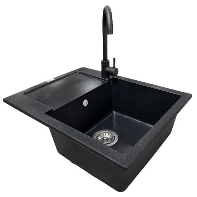 Набір кухонний Adamant Minimal, штучний камінь, прямокут., з крилом, 615х495х200мм, чаша - 1, врізна, чорний + змішувач та дозатор Набір кухонний Adamant Minimal, штучний камінь, прямокут., з крилом, 615х495х200мм, чаша - 1, врізна, чорний + змішувач та дозатор