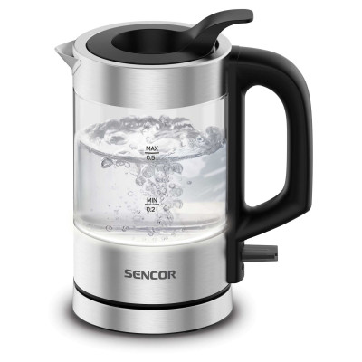 Електрочайник Sencor 0.5л, Strix, пластик, в комплекті 2 склянки + 2 ложки, скло, нерж. сталь