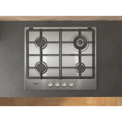 Варильна поверхня Whirlpool газова, 60см, чавун, конфорка з подвійним рядом полум'я, нерж Варильна поверхня Whirlpool газова, 60см, чавун, конфорка з подвійним рядом полум'я, нерж