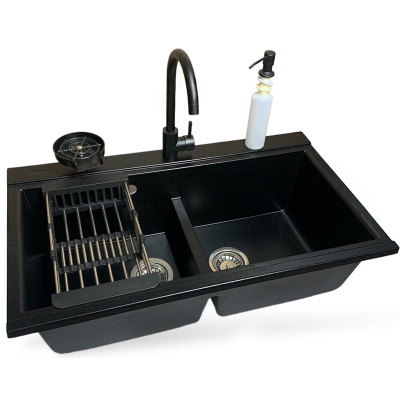 Набір кухонний Adamant Similar, штучний камінь, прямокут., без крила, 885x505x230мм, чаша - 2, врізна, чорний + змішувач + дозатор + ополіскувач склянок + коландер Набір кухонний Adamant Similar, штучний камінь, прямокут., без крила, 885x505x230мм, чаша - 2, врізна, чорний + змішувач + дозатор + ополіскувач склянок + коландер