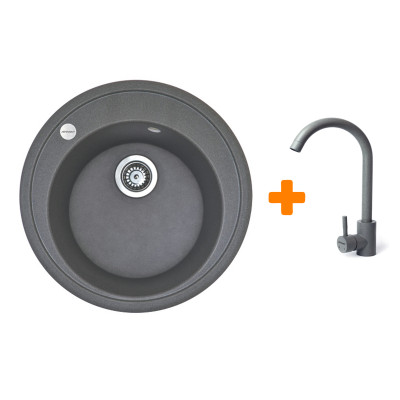 Набір кухонна Adamant Sun, штучний камінь, кругла, без крила, 510x200мм, чаша - 1, врізна, сірий + змішувач Набір кухонна Adamant Sun, штучний камінь, кругла, без крила, 510x200мм, чаша - 1, врізна, сірий + змішувач