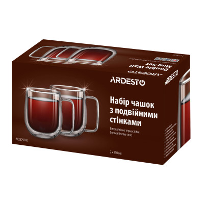 Набір чашок з ручками і подвійними стінками ARDESTO, 250мл, 2шт, боросилікатне скло, прозорий