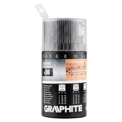 Набір свердл GRAPHITE по металу, дереву, цеглі: 3-6, 8, 10 мм, 18шт
