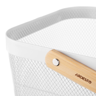 Кошик з ручкою Ardesto Midori 25х24.5х18см, метал, дерево, білий Кошик з ручкою Ardesto Midori 25х24.5х18см, метал, дерево, білий