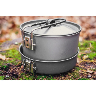 Набір туристичного посуду Neo Tools, 3в1, чайник,каструля,сковорода, складані ручки, сертифікат LFGB, 0.616кг Набір туристичного посуду Neo Tools, 3в1, чайник,каструля,сковорода, складані ручки, сертифікат LFGB, 0.616кг
