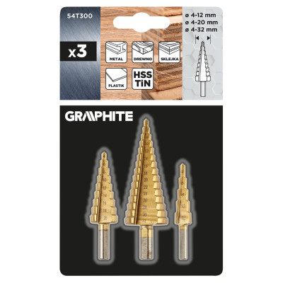 Свердло ступінчасте GRAPHITE TiN, 4x12/20/32мм, набір 3шт, 0.22кг