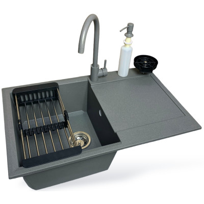 Набір кухонний Adamant Horizon, штучний камінь, прямокут., з крилом, 780х495х230мм, чаша - 1, врізна, сірий + змішувач та дозатор Набір кухонний Adamant Horizon, штучний камінь, прямокут., з крилом, 780х495х230мм, чаша - 1, врізна, сірий + змішувач та дозатор
