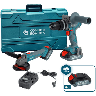 Набір із двох акумуляторних інструментів Konner&Sohnen KS IDAGB 20V SET 1 PLUS 20В шурупокрут-дриль ударний, шліфмашина кутова KS AGB20V-125VR, ЗП 2.4А акб 1х2А·год+1х4А·год кейс 8.1кг