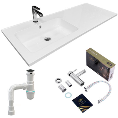 Набір для ванної кімнати, раковина, умивальник Adamant FLATE 120L, штучний камінь, прямокут., з сифоном Click-Clack + змішувач Набір для ванної кімнати, раковина, умивальник Adamant FLATE 120L, штучний камінь, прямокут., з сифоном Click-Clack + змішувач