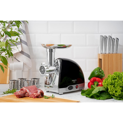 ARDESTO М'ясорубка, 1800Вт, продук.-2кг/хв, 3 решітки + для ковб., кеббе, 4 терки, пластик, чорно-сріблястий ARDESTO М'ясорубка, 1800Вт, продук.-2кг/хв, 3 решітки + для ковб., кеббе, 4 терки, пластик, чорно-сріблястий