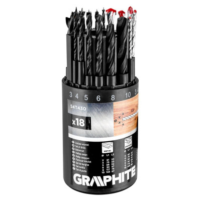 Набір свердл GRAPHITE по металу, дереву, цеглі: 3-6, 8, 10 мм, 18шт