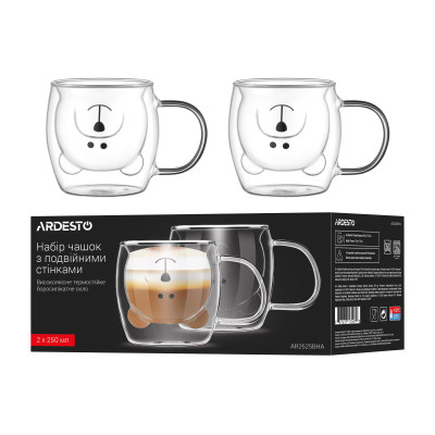 ARDESTO Набір чашок з ручками і подвійними стінками Animals, 250мл, 2шт, боросилікатне скло, прозорий ARDESTO Набір чашок з ручками і подвійними стінками Animals, 250мл, 2шт, боросилікатне скло, прозорий
