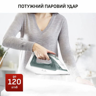 Праска Tefal Virtuo 30, 2000Вт, 240мл, паровий удар -120гр, постійна пара - 27гр, керам. підошва, біло-зелений Праска Tefal Virtuo 30, 2000Вт, 240мл, паровий удар -120гр, постійна пара - 27гр, керам. підошва, біло-зелений