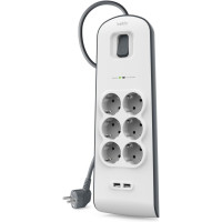 Подовжувач мережевий Belkin 2м, 6хТип, 16А, 2xUSB-A 2.4A, фільтр, білий