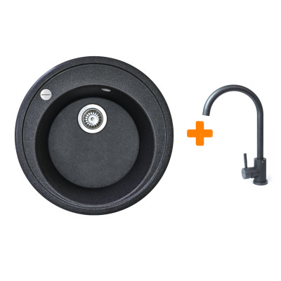 Набір кухонна Adamant Sun, штучний камінь, кругла, без крила, 510x200мм, чаша - 1, врізна, графіт + змішувач Набір кухонна Adamant Sun, штучний камінь, кругла, без крила, 510x200мм, чаша - 1, врізна, графіт + змішувач