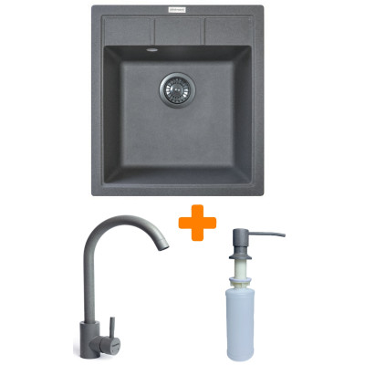 Набір кухонна Adamant Brick, штучний камінь, квадрат, без крила, 460x515x200мм, чаша - 1, врізна, сірий + змішувач та дозатор Набір кухонна Adamant Brick, штучний камінь, квадрат, без крила, 460x515x200мм, чаша - 1, врізна, сірий + змішувач та дозатор