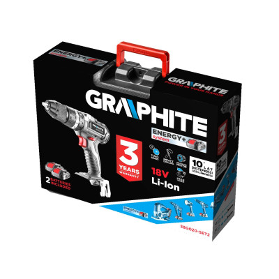Шуруповерт-дрель аккумуляторный GRAPHITE Energy+ 18В бесщеточный 2х2А-ч 58Нм 0-500-0-1700об-хв кейс ЗП 1.2кг