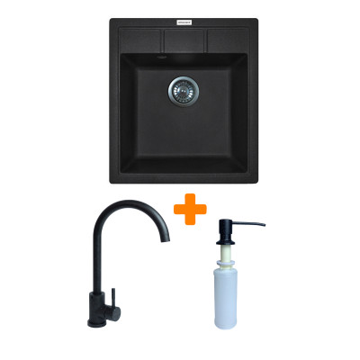 Набір кухонна Adamant Brick, штучний камінь, квадрат, без крила, 460x515x200мм, чаша - 1, врізна, чорний + змішувач та дозатор