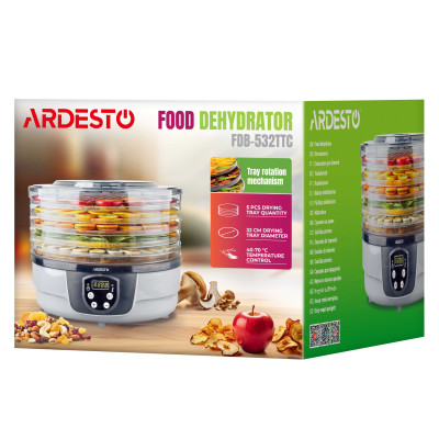 ARDESTO Сушарка для продуктів FDB-532TTC, 250Вт, піддонів -5x3см, діаметр-32см, макс-70°С, таймер, електр. управління, пластик , білий